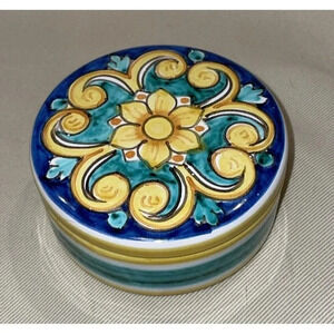 Mexican Talavera Pottery‎ Round Trinket Box Dish Jewelry Floral Flowers Colorful